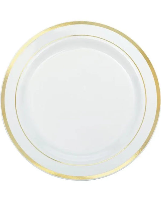 Premium White with Gold Trim Plastic Plates - 26cm (10pk)