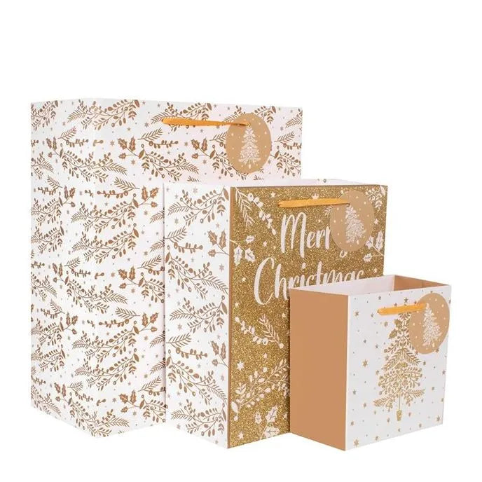 Gold Glitter Christmas Gift Bag Set