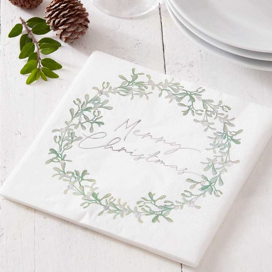 Mistletoe Weath Merry Christmas Paper Napkins - 33cm (16pk)