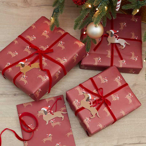 Sausage Dog Christmas Wrapping Paper Kit - 2 Sheets (70cm x 50cm) with Tags & Ribbon