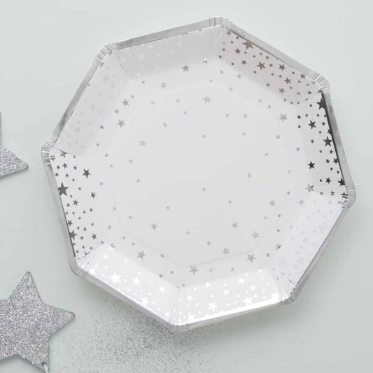 Silver Foil Star Paper Plates - 23cm (8pk)