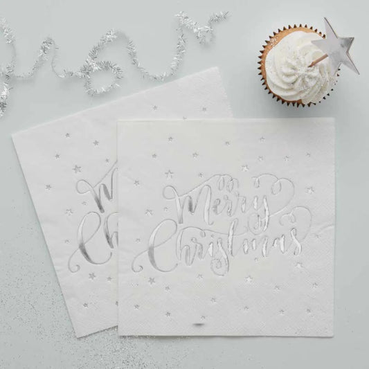 Silver Foiled Merry Christmas Paper Napkin - 33cm (20pk)