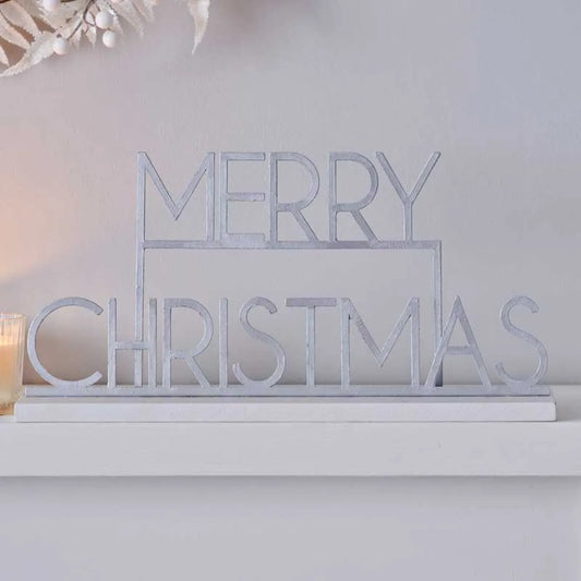 Silver Metal Merry Christmas Sign - 24cm x 38cm