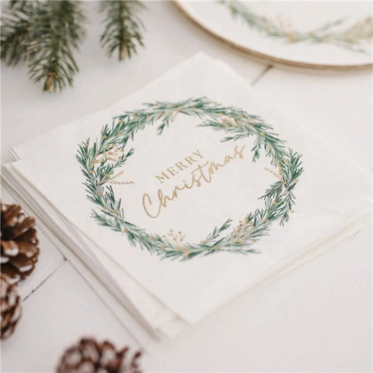 White Merry Christmas Wreath Paper Napkins - 33cm (16pk)