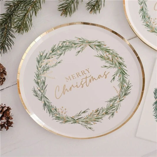 White Merry Christmas Wreath Paper Plates - 24cm (8pk)