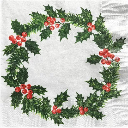 Holly Wreath Print Napkins - 40cm