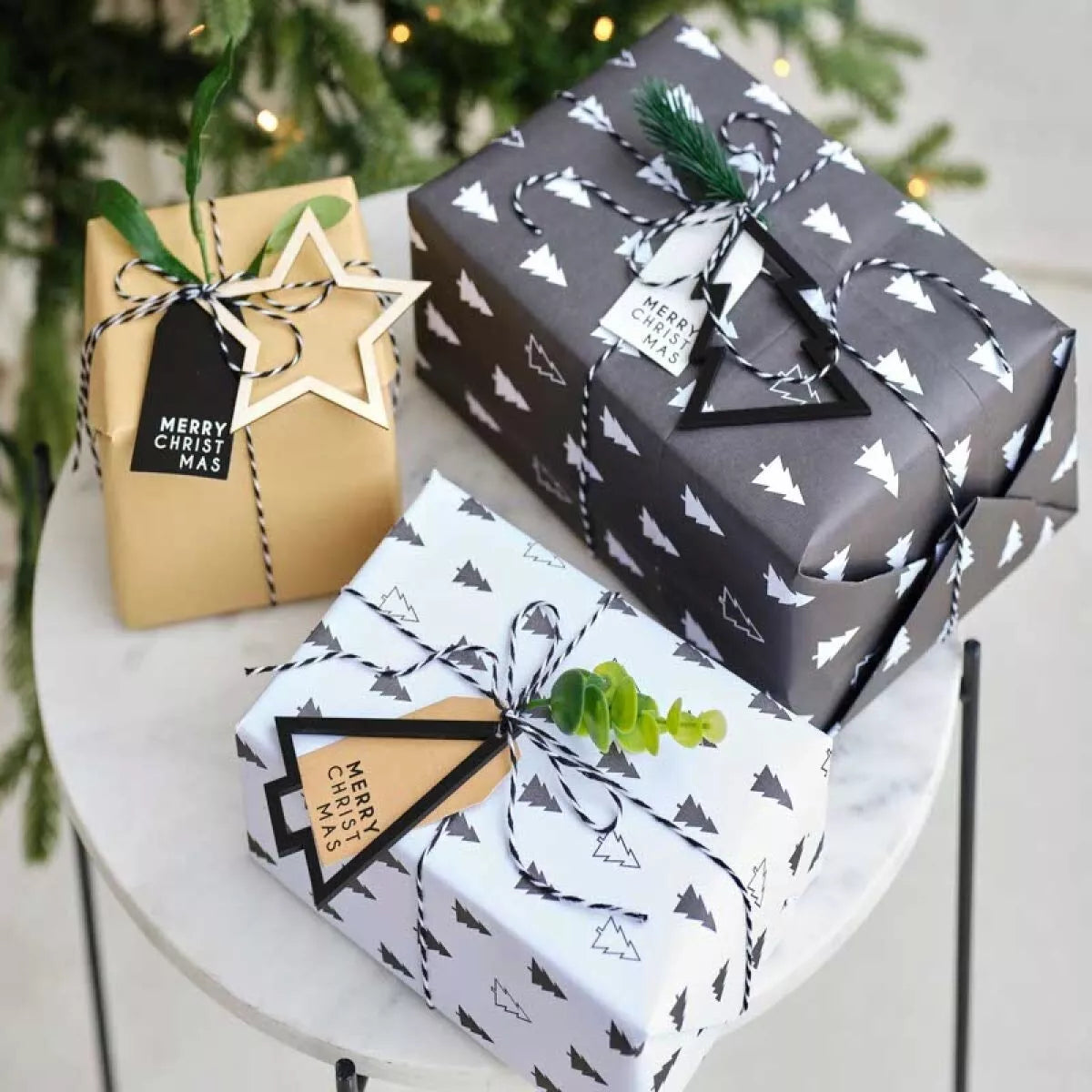 Black, White & Kraft Christmas Tree Print Wrapping Paper (3pk)