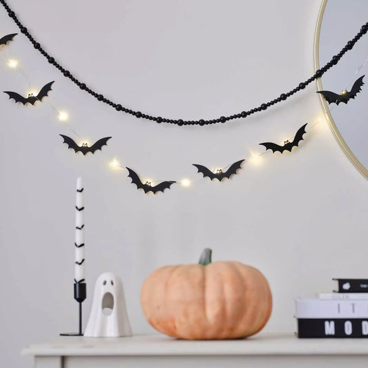 Black Bat Wooden Halloween Bunting with Light Up Eyes