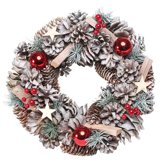 Woodland Snow Wreath With Red Baubles