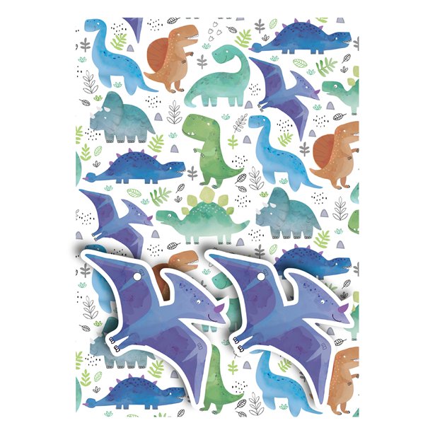 Dinosaur Wrapping Paper - 2 Sheets (50cm x 70cm) with Tags