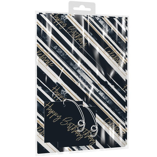 Navy Stripes Wrapping Paper - 2 Sheets (50cm x 70cm) with Tags