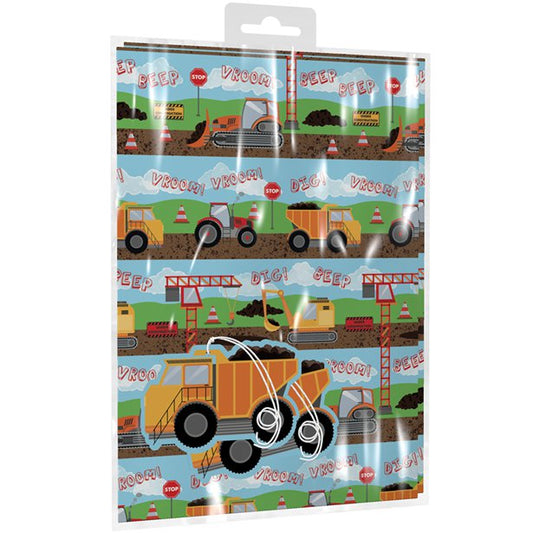 Diggers Wrapping Paper - 2 Sheets (50cm x 70cm) with Tags
