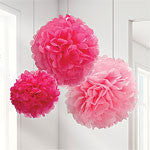 Set Of 3 Different Sized Pink Pom Pom Decorations - 40cm